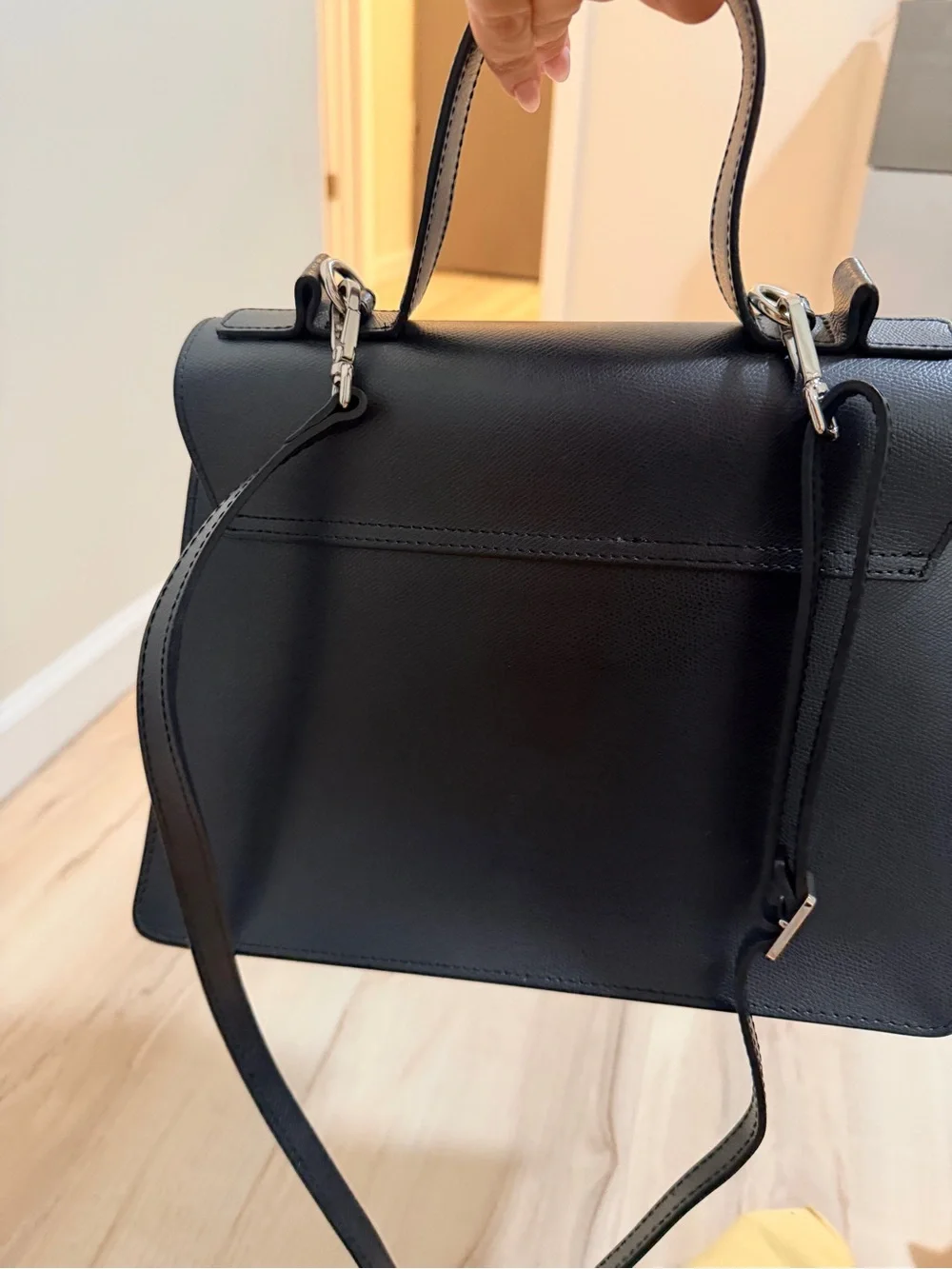 Valentino Black Leather Satchel with Silver V Emblem